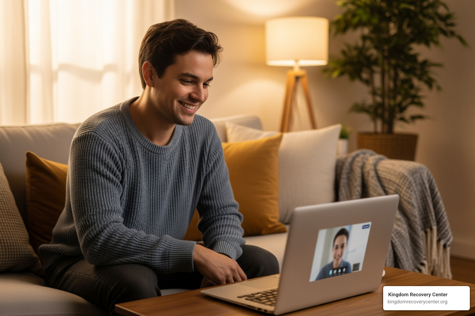 Individual having a positive telehealth therapy session on a laptop at home - Outpatient Addiction Therapy in Tennessee