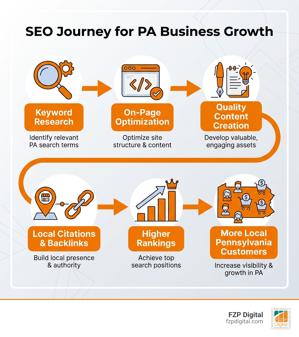 Infographic showing the SEO journey: keyword research leads to on-page optimization, which connects to quality content creation, then to local citations and backlinks, finally resulting in higher rankings and more local Pennsylvania customers finding your business - search engine optimization pa infographic Infographic showing the SEO journey: keyword research leads to on-page optimization, which connects to quality content creation, then to local citations and backlinks, finally resulting in higher rankings and more local Pennsylvania customers finding your business - search engine optimization pa infographic