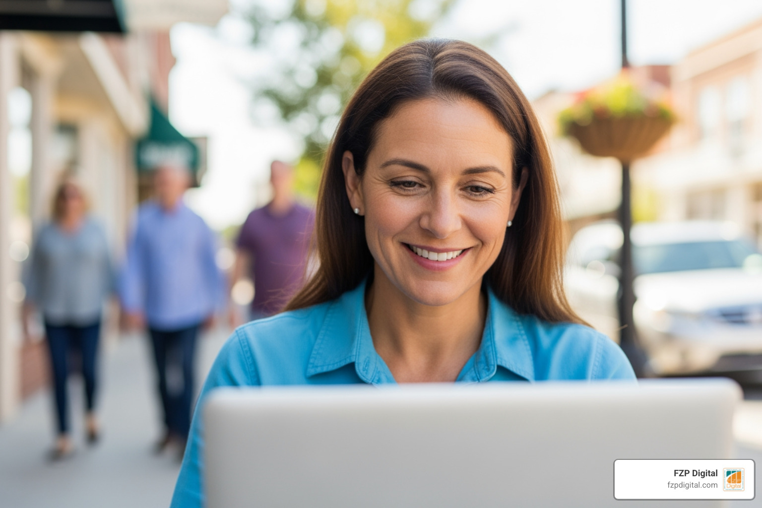 Pennsylvania business owner checking their website visibility on a laptop while customers walk by a busy main street - search engine optimization pa Pennsylvania business owner checking their website visibility on a laptop while customers walk by a busy main street - search engine optimization pa