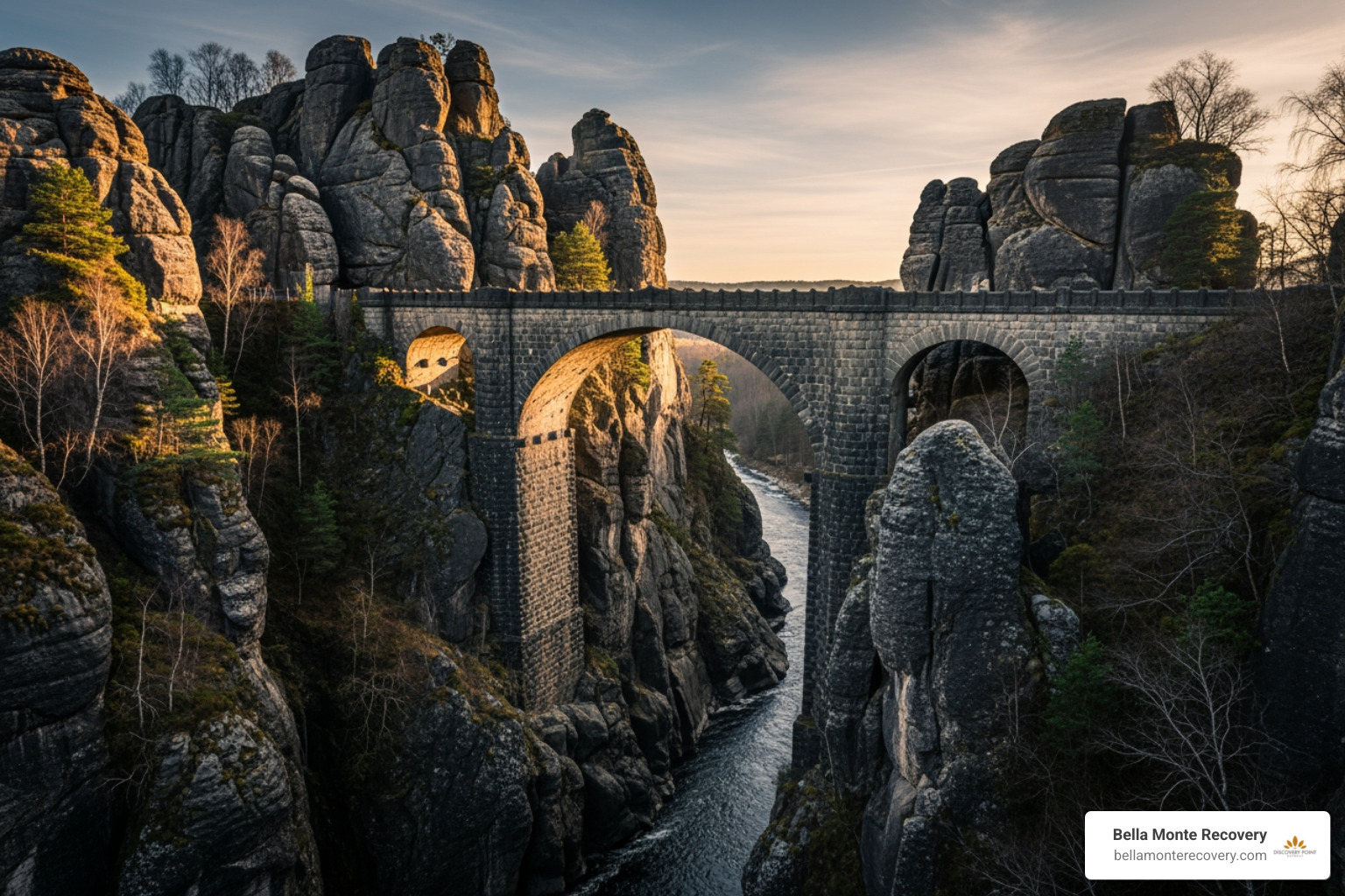 a bridge connecting two cliffs, labeled "Primary Care" and "Mental Health" - integrated mental health