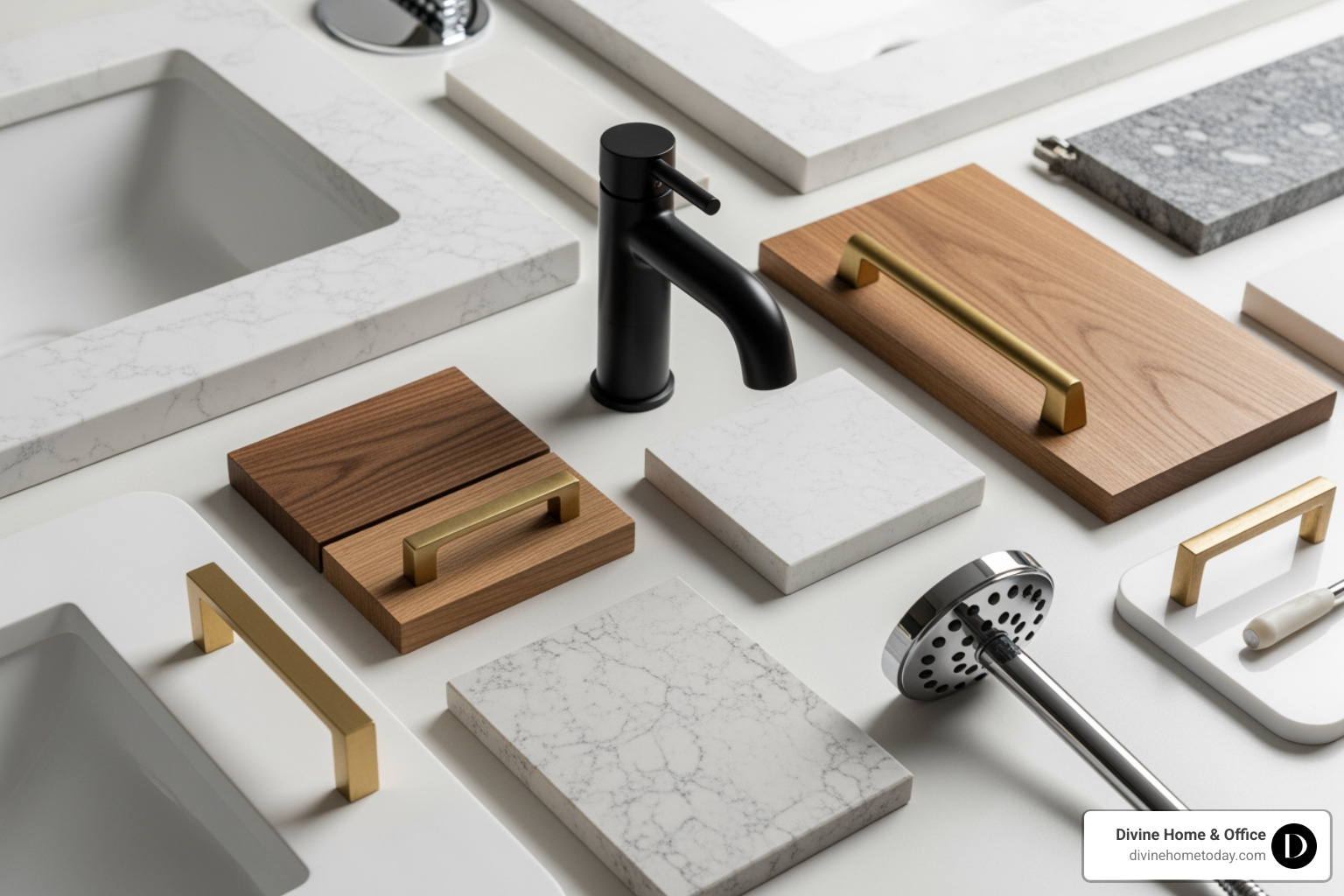 Various bathroom material samples including stone countertops, wood cabinetry, and metal hardware - bathroom remodel