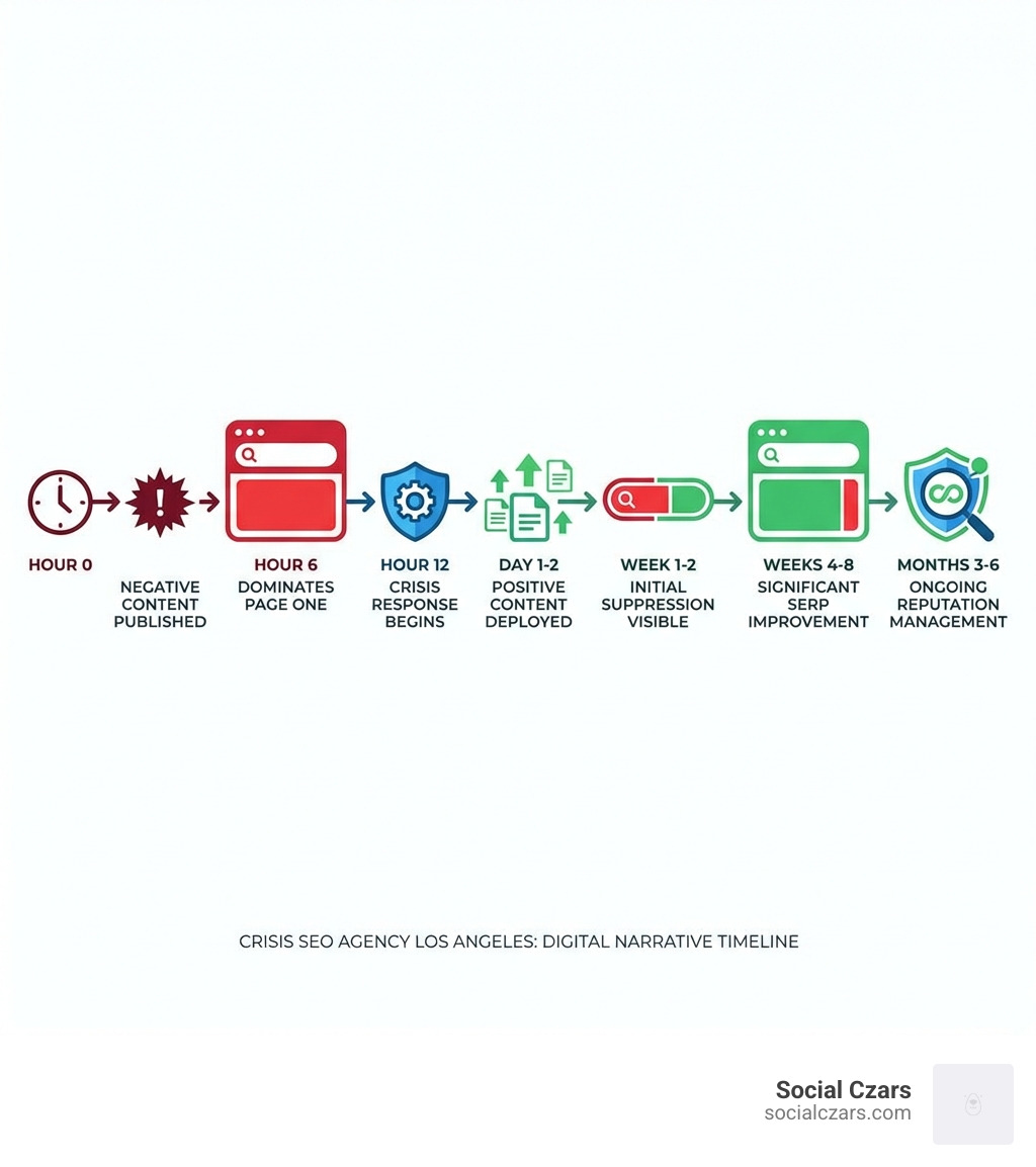 infographic showing the timeline of a digital crisis: negative content published hour 0, dominates page one by hour 6, crisis response begins hour 12, positive content deployed day 1-2, initial suppression visible week 1-2, significant SERP improvement weeks 4-8, ongoing reputation management months 3-6 - Crisis SEO Agency Los Angeles infographic 