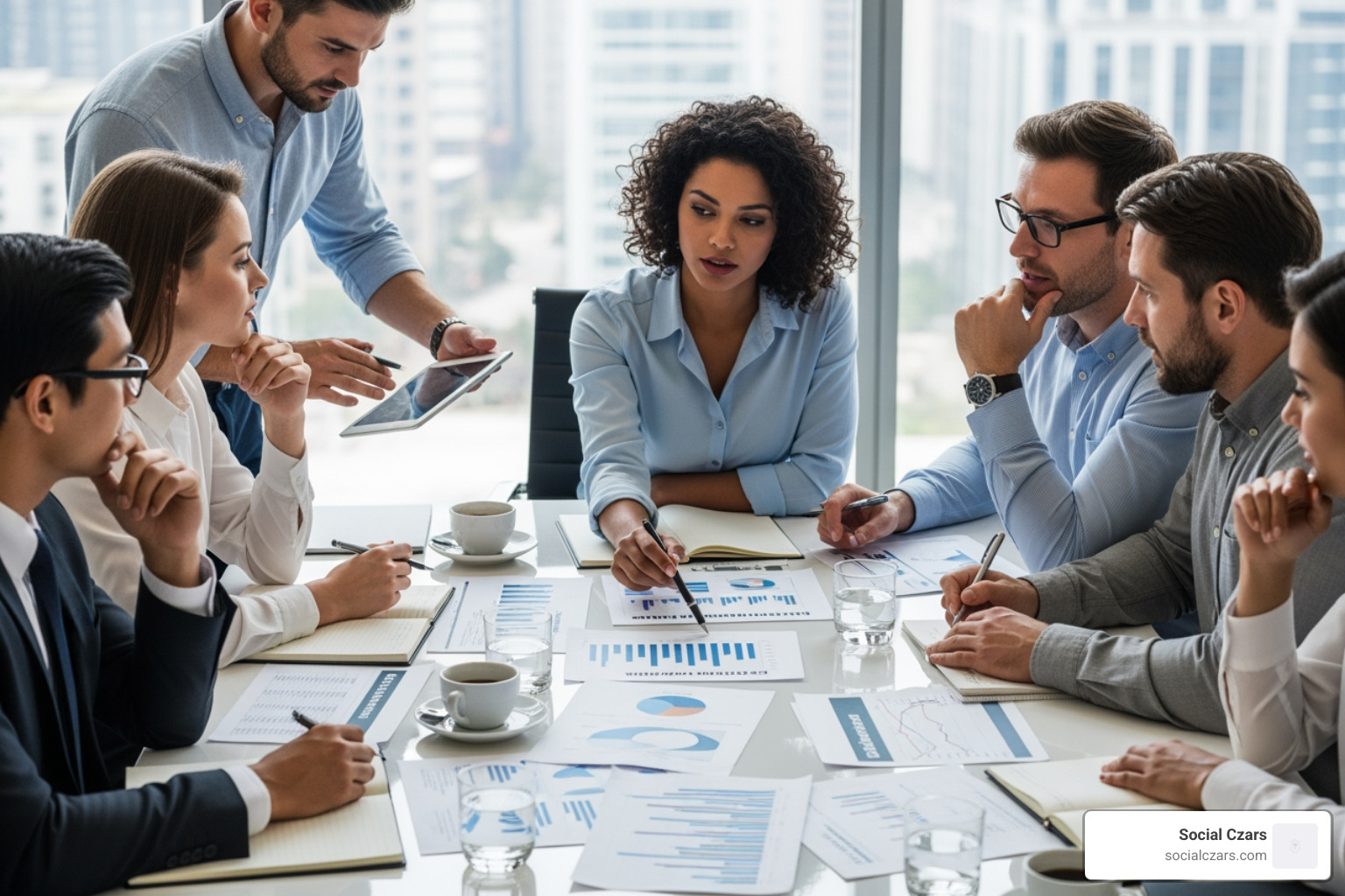 team of professionals collaborating around a table, looking at data and strategy documents - Crisis SEO Agency Los Angeles