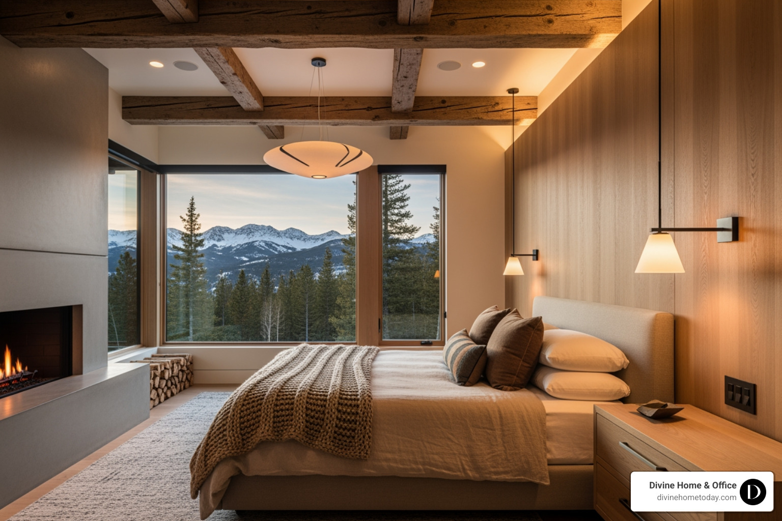 Rustic-modern Colorado luxury bedroom with exposed timber beams, natural fabrics, warm wood tones, large windows with mountain views, soft ambient light, high-end finishes, clean and serene styling, no Victorian or traditional European decor. - cozy bedroom ideas
