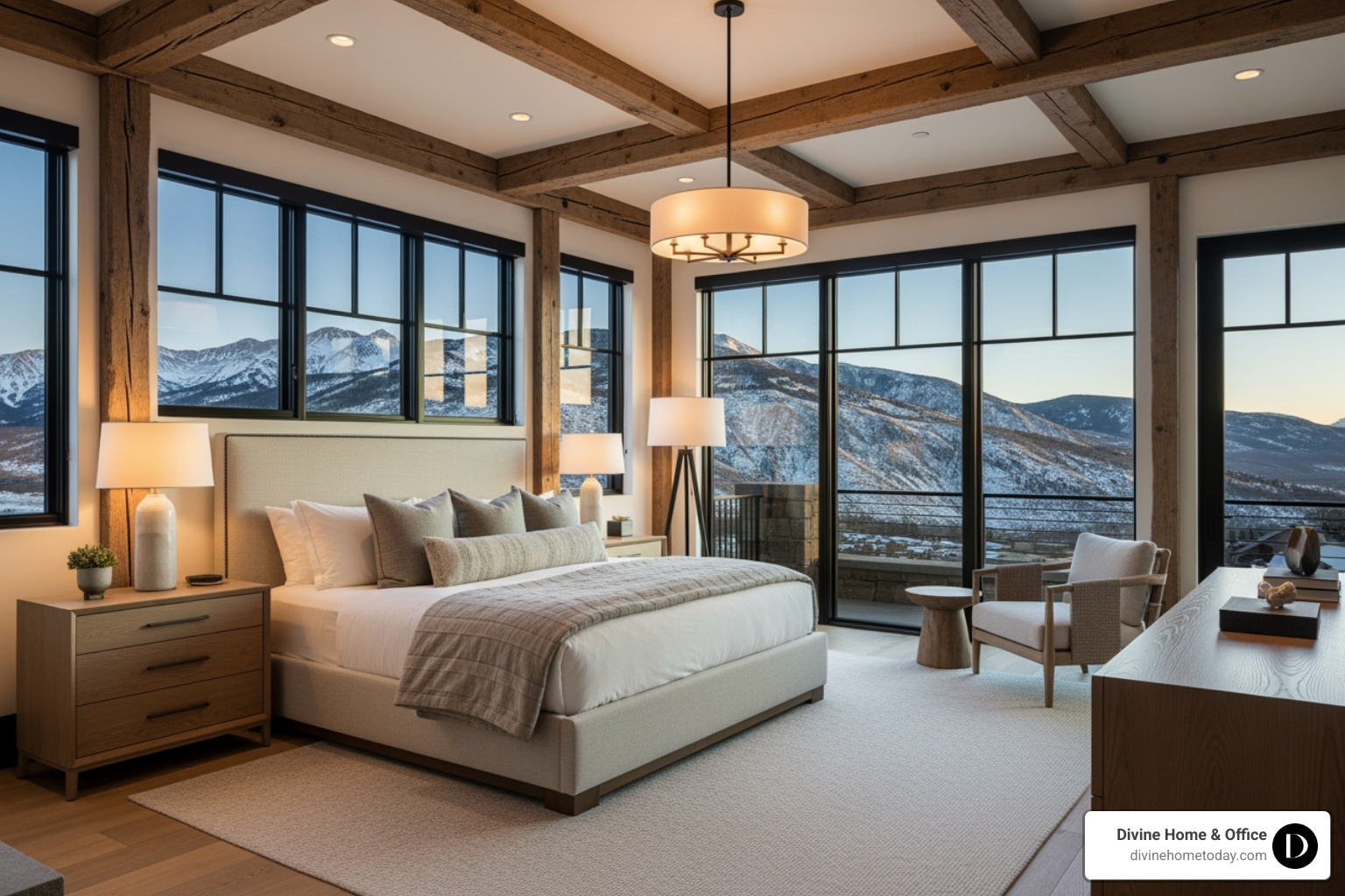 Rustic-modern Colorado luxury bedroom with natural fabrics, warm wood tones, large windows with mountain views, soft ambient light, high-end finishes, clean and serene styling, no Victorian or traditional European decor. - cozy bedroom ideas