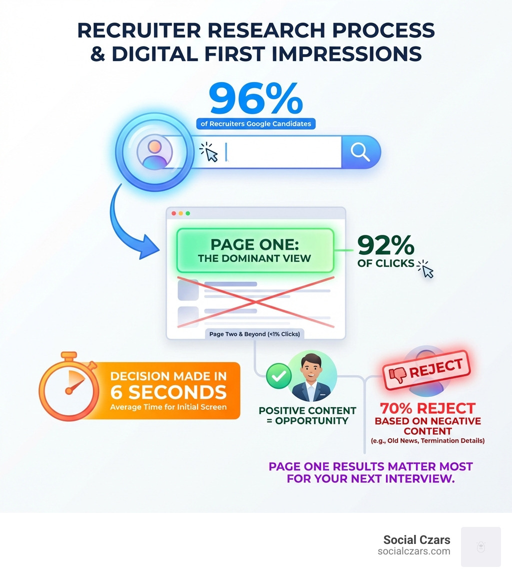 infographic showing recruiter research process: 96% of recruiters Google candidates, 70% reject based on negative content, page one results matter most, average decision made in 6 seconds, first page dominates 92% of clicks - Google Reputation Repair After Firing and Job Loss  infographic 