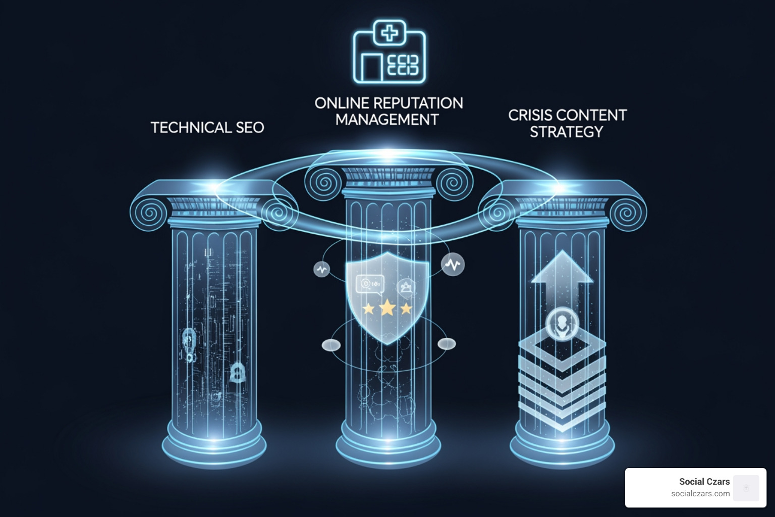 A diagram showing three interconnected pillars: Technical SEO, Online Reputation Management, and Crisis Content Strategy, all supporting a medical clinic's online presence. - Emergency SEO for Doctors