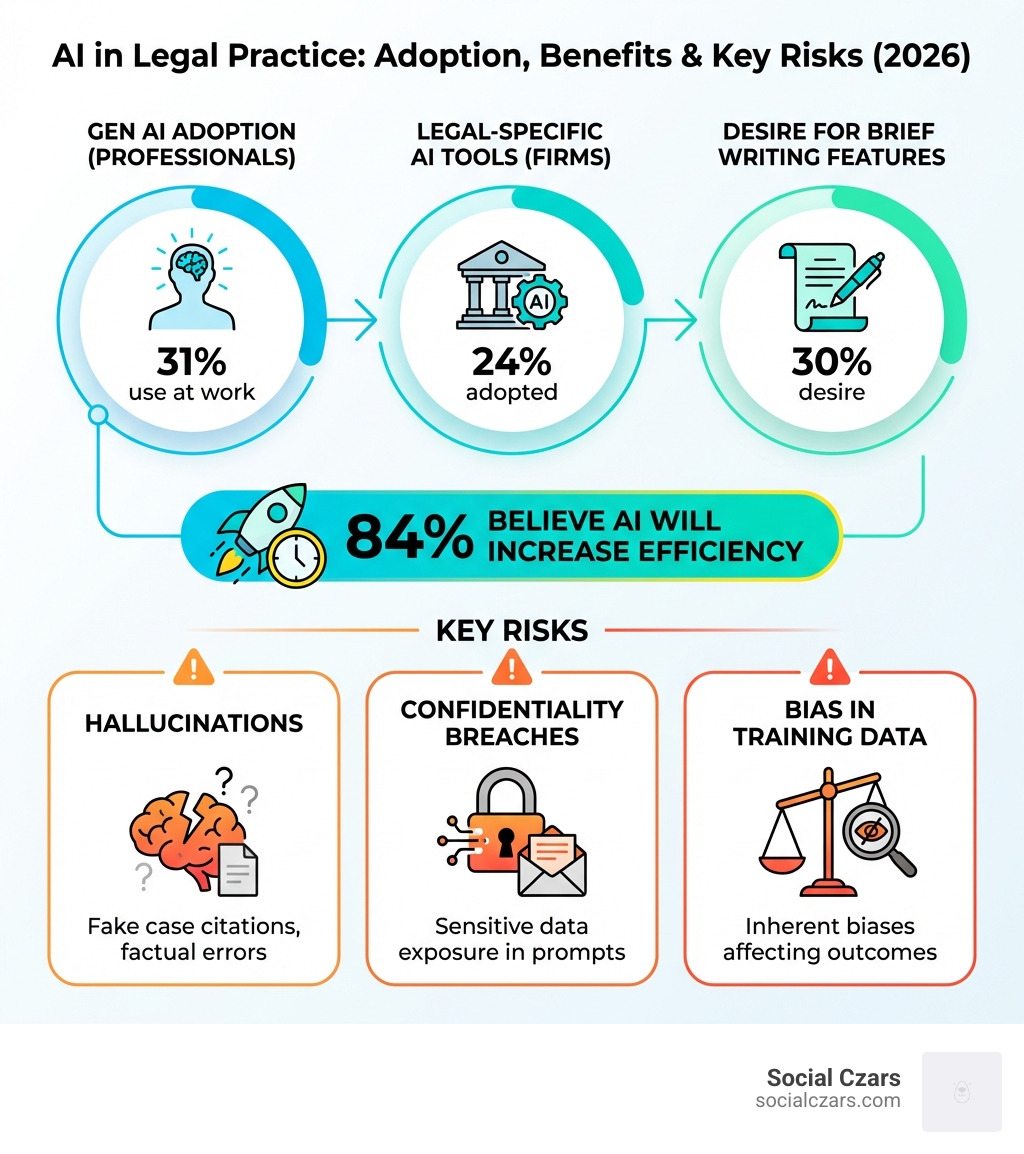 Infographic showing statistics: 31% of legal professionals use generative AI at work, 24% of law firms have adopted legal-specific AI tools, 30% desire AI features for legal brief writing, 84% believe AI will increase efficiency, and key risks including hallucinations, confidentiality breaches, and bias in training data - ChatGPT for Lawyers aand Law Firms infographic Infographic showing statistics: 31% of legal professionals use generative AI at work, 24% of law firms have adopted legal-specific AI tools, 30% desire AI features for legal brief writing, 84% believe AI will increase efficiency, and key risks including hallucinations, confidentiality breaches, and bias in training data - ChatGPT for Lawyers aand Law Firms infographic