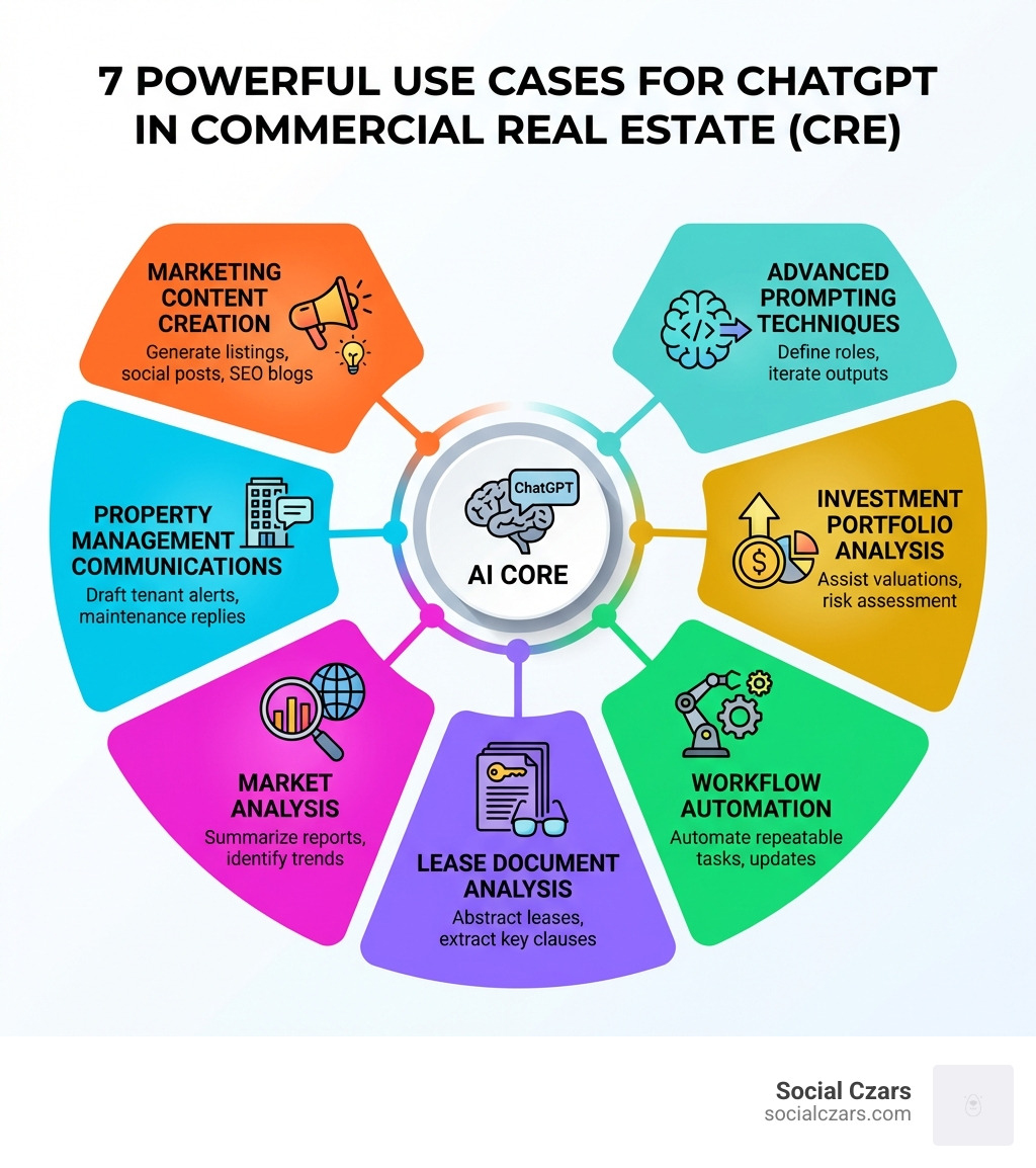 Infographic showing the 7 main use cases for ChatGPT in Commercial Real Estate: Marketing Content Creation, Property Management Communications, Market Analysis, Lease Document Analysis, Workflow Automation, Investment Portfolio Analysis, and Advanced Prompting Techniques - ChatGPT for CRE (Commercial Real Estate) infographic Infographic showing the 7 main use cases for ChatGPT in Commercial Real Estate: Marketing Content Creation, Property Management Communications, Market Analysis, Lease Document Analysis, Workflow Automation, Investment Portfolio Analysis, and Advanced Prompting Techniques - ChatGPT for CRE (Commercial Real Estate) infographic
