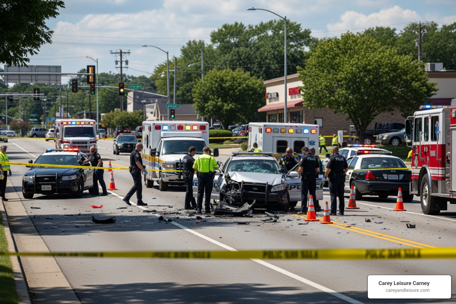 crash investigation scene with police and emergency vehicles - deadly traffic accidents