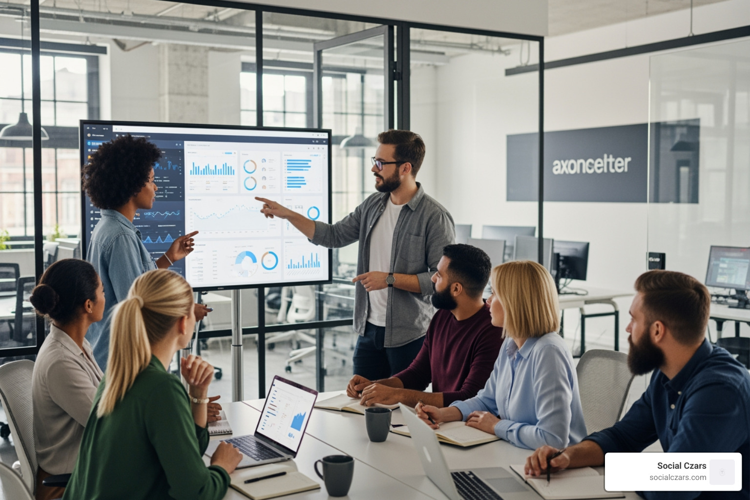 Digital marketing team collaborating around a screen showing analytics - SEO services Los Angeles Digital marketing team collaborating around a screen showing analytics - SEO services Los Angeles