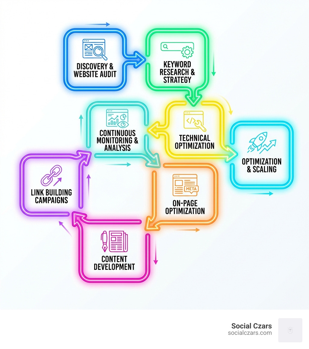 Infographic showing the complete SEO process: starting with discovery and website audit, moving through keyword research and strategy, technical optimization, on-page optimization, content development, link building campaigns, continuous monitoring and analysis, and finally optimization and scaling based on performance data - SEO services Los Angeles infographic Infographic showing the complete SEO process: starting with discovery and website audit, moving through keyword research and strategy, technical optimization, on-page optimization, content development, link building campaigns, continuous monitoring and analysis, and finally optimization and scaling based on performance data - SEO services Los Angeles infographic