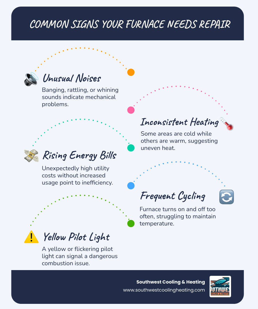 Infographic showing common furnace problems including unusual noises like banging or rattling, inconsistent heating throughout the home, rising energy bills without increased usage, frequent on-off cycling, yellow pilot light instead of blue, and poor air quality with dust buildup - furnace repair in ivins ut infographic infographic-line-5-steps-blues-accent_colors
