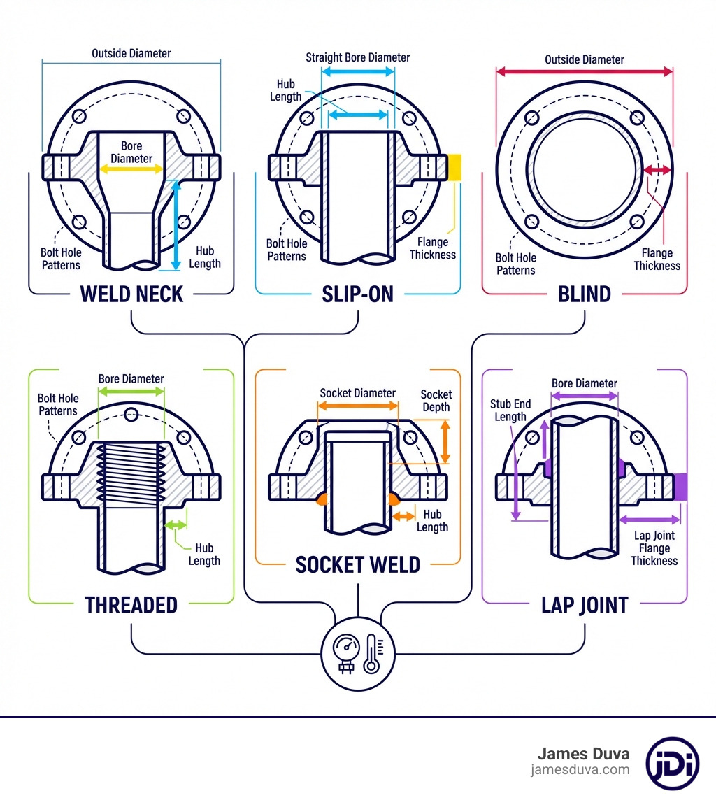 infographic showing the six main types of industrial flanges with labeled cross-sections including Weld Neck with tapered hub, Slip-On with straight bore, Blind with solid disc, Threaded with internal threads, Socket Weld with socket recess, and Lap Joint with stub end, each showing key dimensional features like hub length, bore diameter, and bolt hole patterns - Industrial flange dimensions infographic infographic showing the six main types of industrial flanges with labeled cross-sections including Weld Neck with tapered hub, Slip-On with straight bore, Blind with solid disc, Threaded with internal threads, Socket Weld with socket recess, and Lap Joint with stub end, each showing key dimensional features like hub length, bore diameter, and bolt hole patterns - Industrial flange dimensions infographic