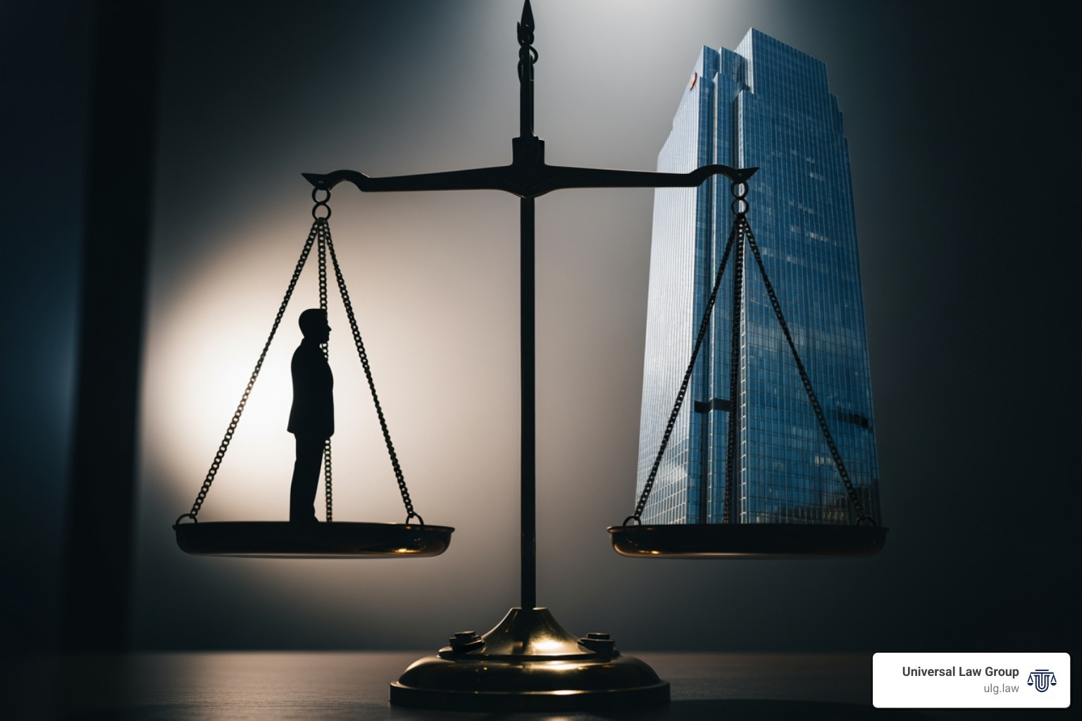 Legal scales balancing a single person against a large building representing a corporation - what is a class action lawsuit Legal scales balancing a single person against a large building representing a corporation - what is a class action lawsuit