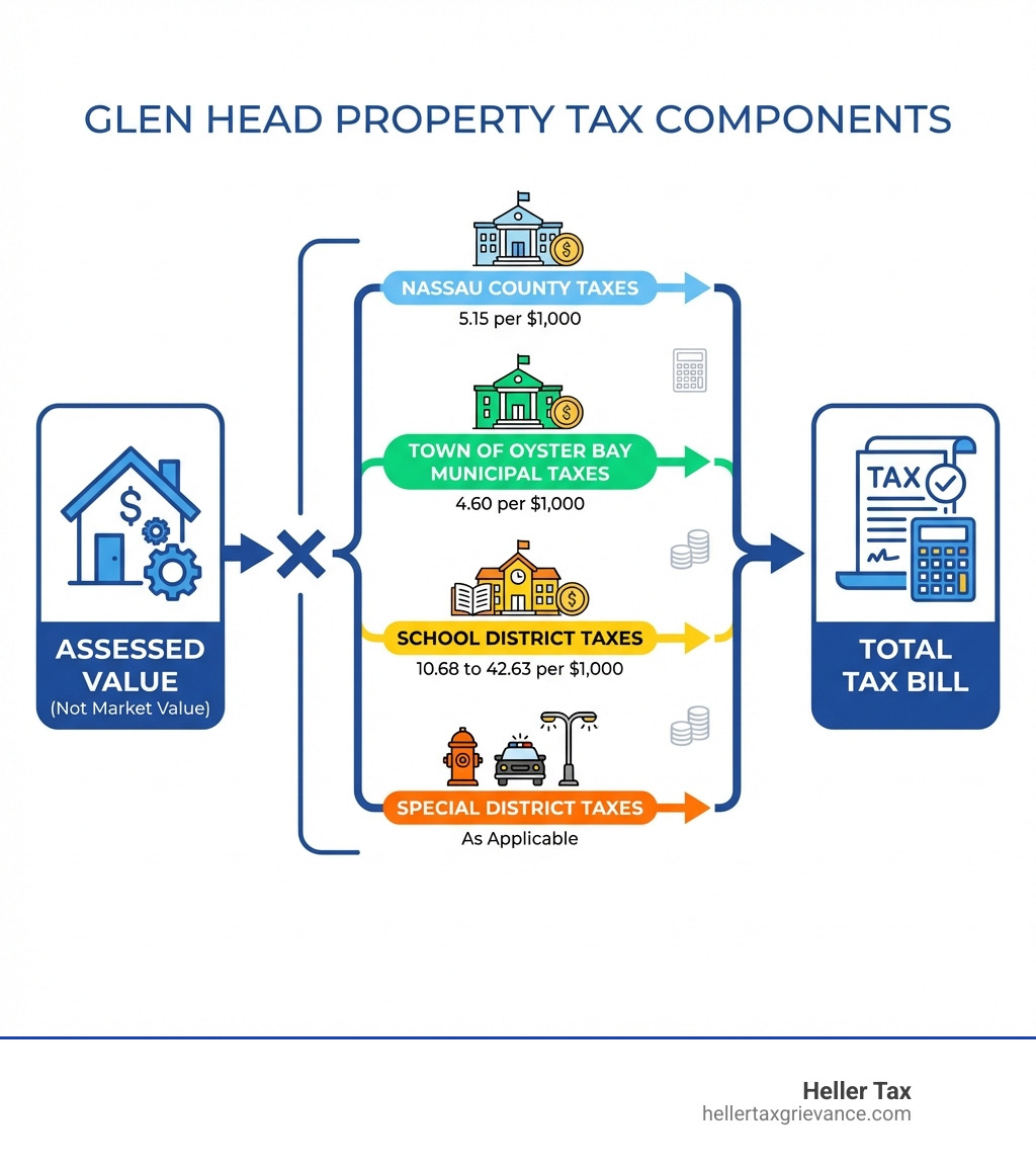 Infographic showing the breakdown of Glen Head property tax components: Nassau County taxes at 5.15 per $1,000, Town of Oyster Bay municipal taxes at 4.60 per $1,000, school district taxes ranging from 10.68 to 42.63 per $1,000, and special district taxes as applicable, all multiplied by the assessed value to calculate the total tax bill - Glen Head property taxes infographic Infographic showing the breakdown of Glen Head property tax components: Nassau County taxes at 5.15 per $1,000, Town of Oyster Bay municipal taxes at 4.60 per $1,000, school district taxes ranging from 10.68 to 42.63 per $1,000, and special district taxes as applicable, all multiplied by the assessed value to calculate the total tax bill - Glen Head property taxes infographic