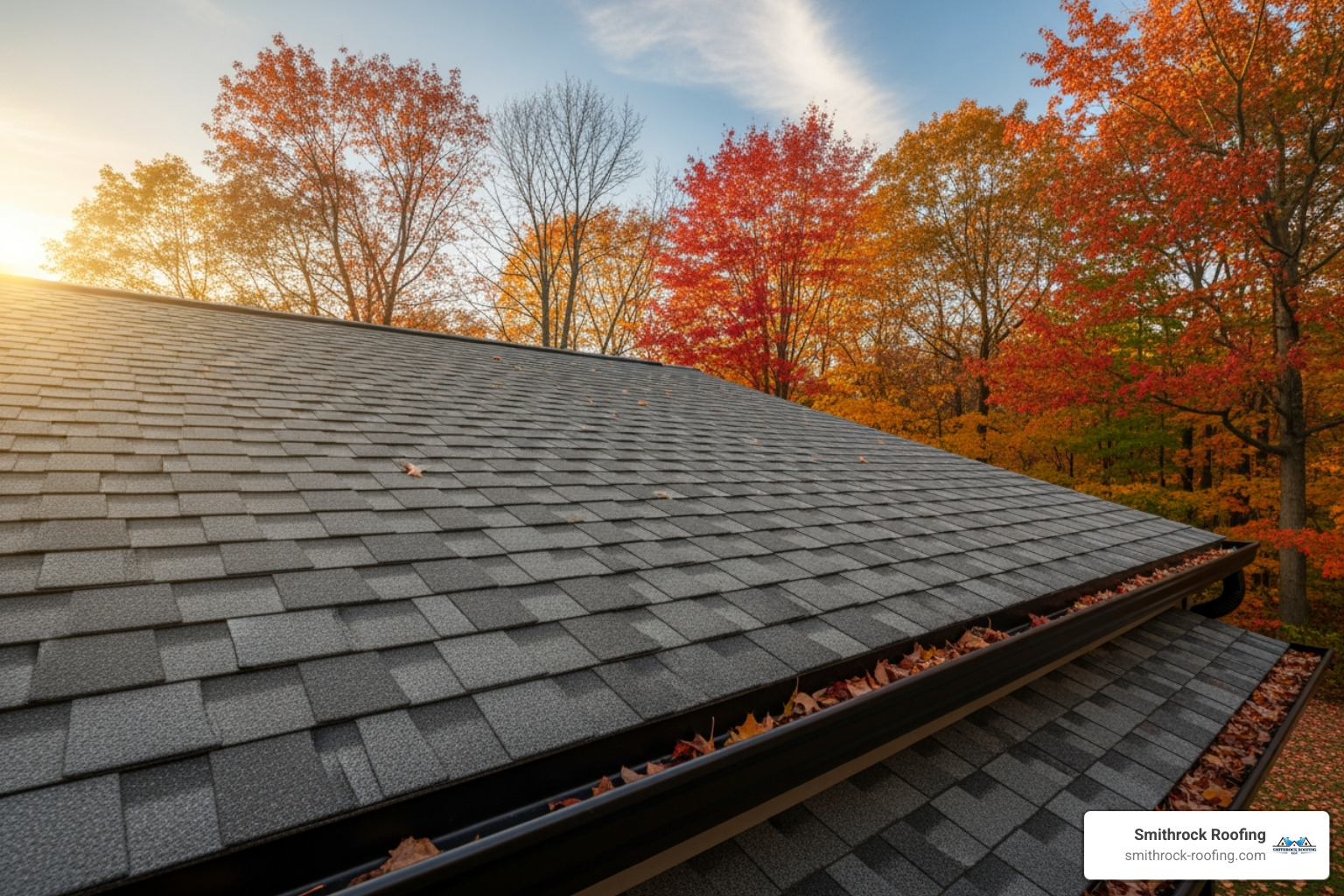 well maintained roof with clean gutters in autumn - winter storm checklist