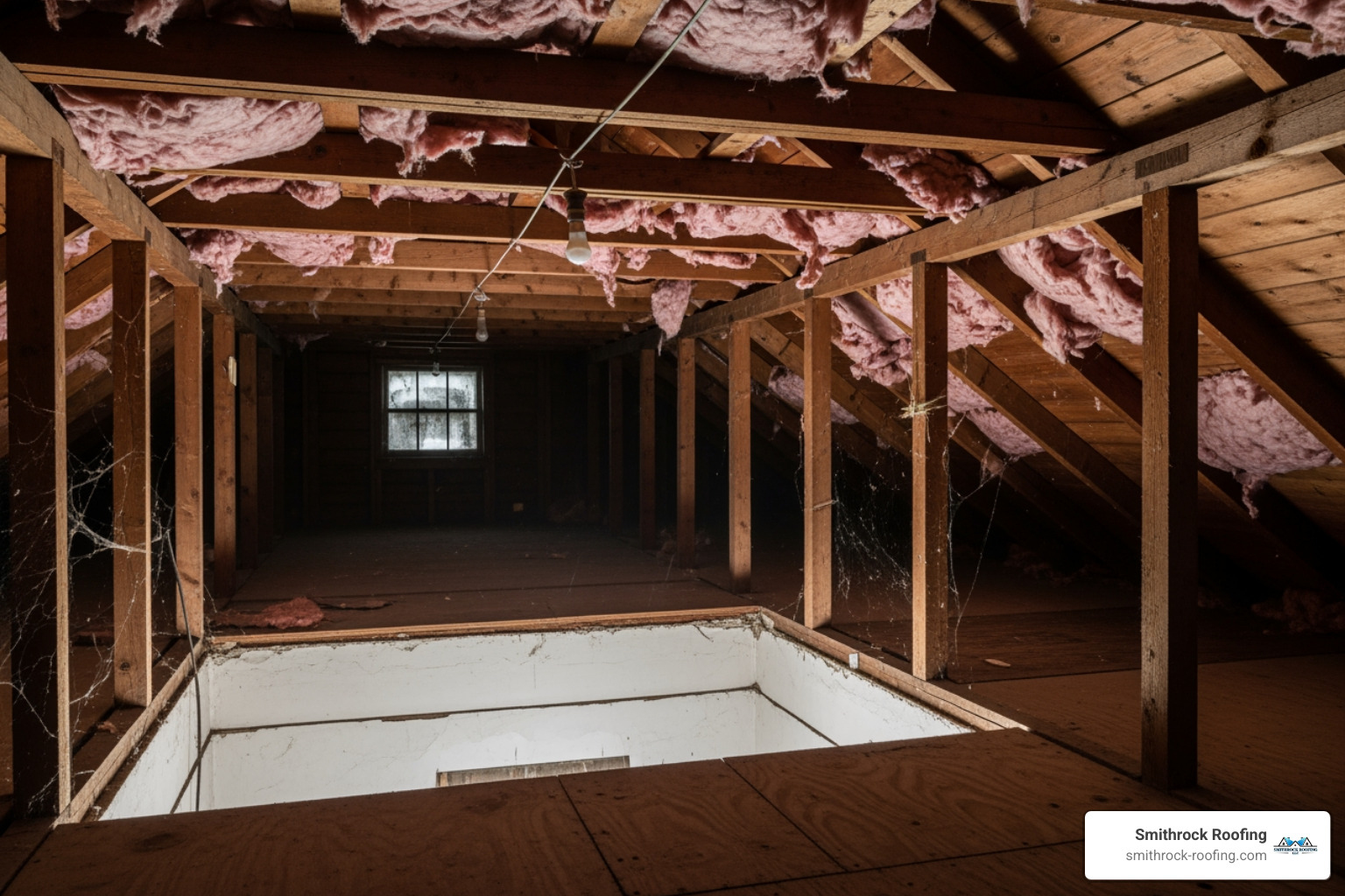 under-insulated attic with visible ceiling joists and fiberglass insulation - Why does snow melt on my roof? (But sticks to my neighbor's roof) under-insulated attic with visible ceiling joists and fiberglass insulation - Why does snow melt on my roof? (But sticks to my neighbor's roof)