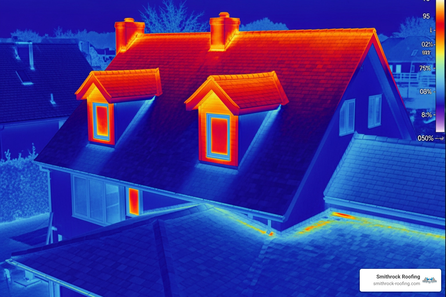 thermal imaging camera showing heat escaping from a roof - Why does snow melt on my roof? (But sticks to my neighbor's roof) thermal imaging camera showing heat escaping from a roof - Why does snow melt on my roof? (But sticks to my neighbor's roof)
