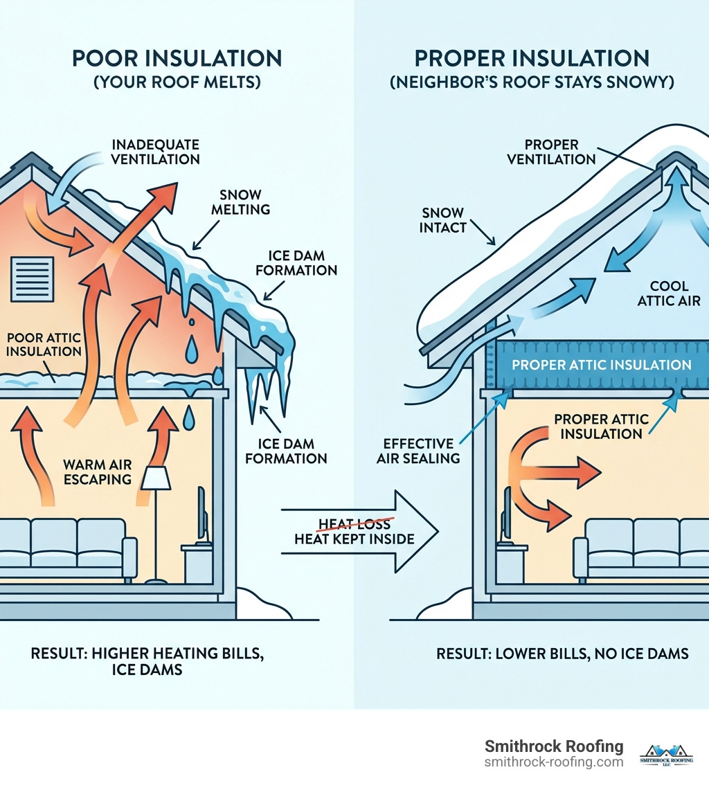 Infographic showing cross-section of two houses side by side - one with poor insulation showing heat escaping through attic causing snow to melt on roof, the other with proper insulation keeping heat inside and snow intact on roof, with arrows indicating heat flow and labels for key components like attic insulation, air leaks, ventilation, and ice dam formation - Why does snow melt on my roof? (But sticks to my neighbor's roof) infographic Infographic showing cross-section of two houses side by side - one with poor insulation showing heat escaping through attic causing snow to melt on roof, the other with proper insulation keeping heat inside and snow intact on roof, with arrows indicating heat flow and labels for key components like attic insulation, air leaks, ventilation, and ice dam formation - Why does snow melt on my roof? (But sticks to my neighbor's roof) infographic
