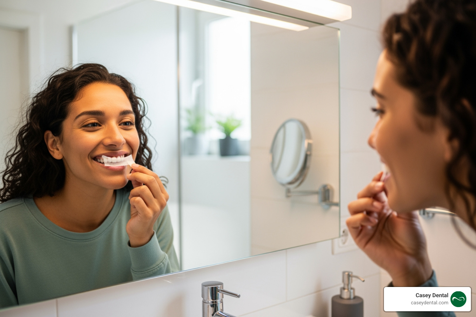 person happily applying generic whitening strips in their bathroom - affordable teeth whitening person happily applying generic whitening strips in their bathroom - affordable teeth whitening