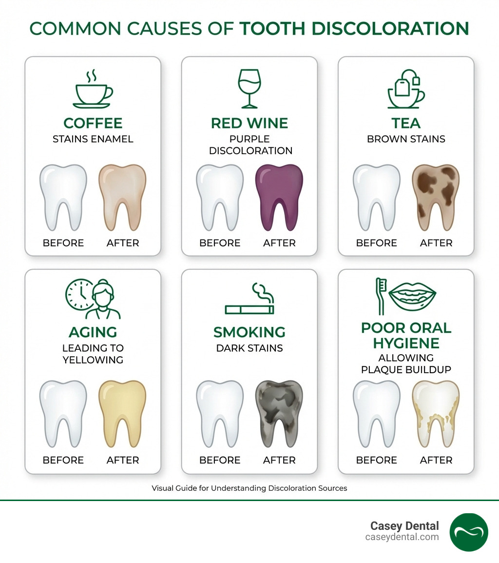 Infographic showing common causes of tooth discoloration including coffee staining tooth enamel, red wine causing purple discoloration, tea creating brown stains, aging leading to yellowing, smoking causing dark stains, and poor oral hygiene allowing plaque buildup, with icons representing each cause and before/after tooth comparisons - affordable teeth whitening infographic Infographic showing common causes of tooth discoloration including coffee staining tooth enamel, red wine causing purple discoloration, tea creating brown stains, aging leading to yellowing, smoking causing dark stains, and poor oral hygiene allowing plaque buildup, with icons representing each cause and before/after tooth comparisons - affordable teeth whitening infographic