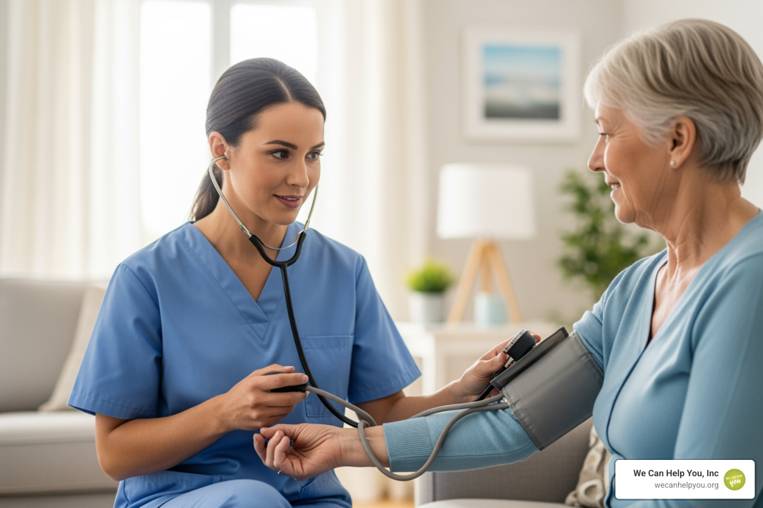 A home health nurse checking a patient's vitals in a living room setting - how much does medicare pay hospice per day