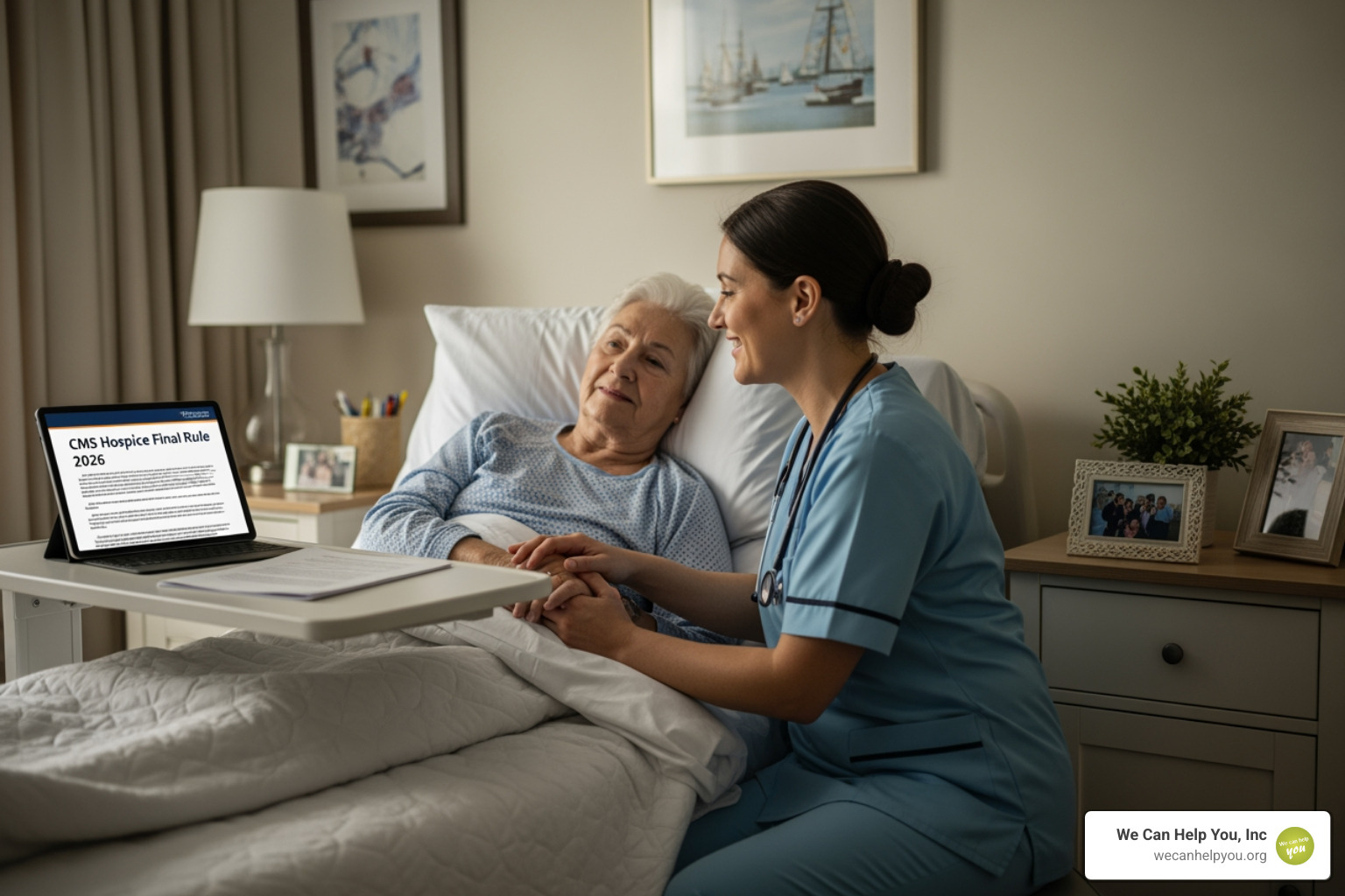 clipboard with a checkmark transitioning to a tablet screen showing the HOPE tool interface - cms hospice final rule 2026