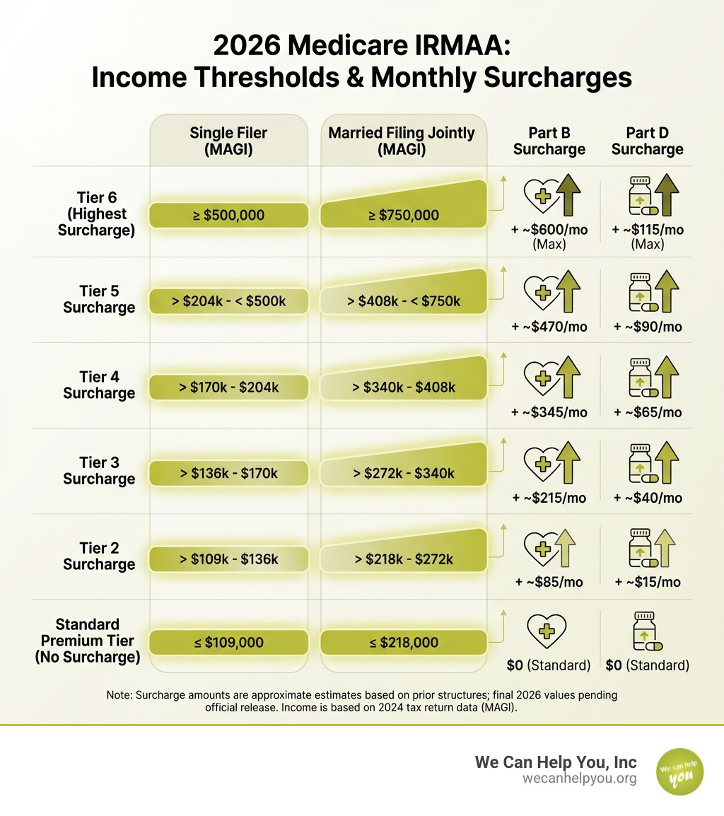 infographic showing IRMAA income thresholds for 2026 with surcharge amounts for Medicare Part B and Part D at each income tier, including single filer and married filing jointly brackets starting at $109,000 and $218,000 respectively - medicare irmaa appeal infographic infographic showing IRMAA income thresholds for 2026 with surcharge amounts for Medicare Part B and Part D at each income tier, including single filer and married filing jointly brackets starting at $109,000 and $218,000 respectively - medicare irmaa appeal infographic