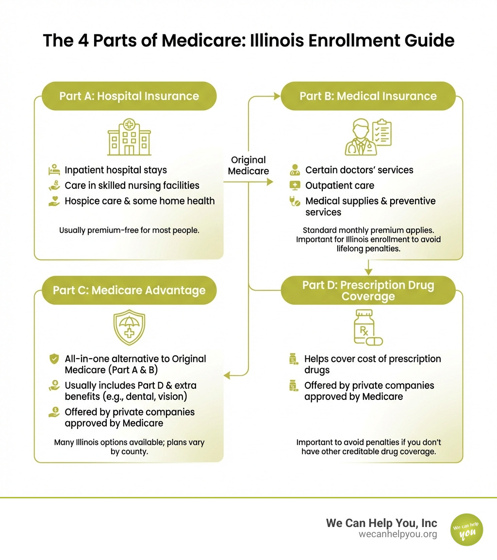 infographic explaining the four parts of Medicare (A, B, C, D) - Medicare enrollment Illinois infographic 