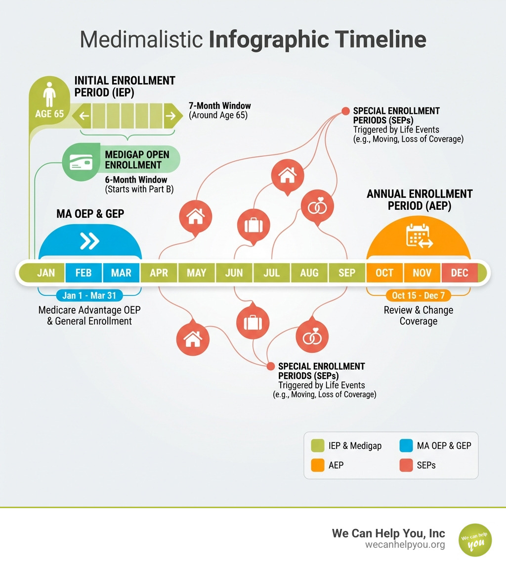 infographic showing timeline of all Medicare enrollment periods throughout the year, including Initial Enrollment Period around age 65, Annual Enrollment Period from October 15 to December 7, Medicare Advantage Open Enrollment Period from January 1 to March 31, General Enrollment Period from January 1 to March 31, and notation for Special Enrollment Periods triggered by life events, with color-coded sections and clear date labels - Medicare enrollment periods explained infographic 