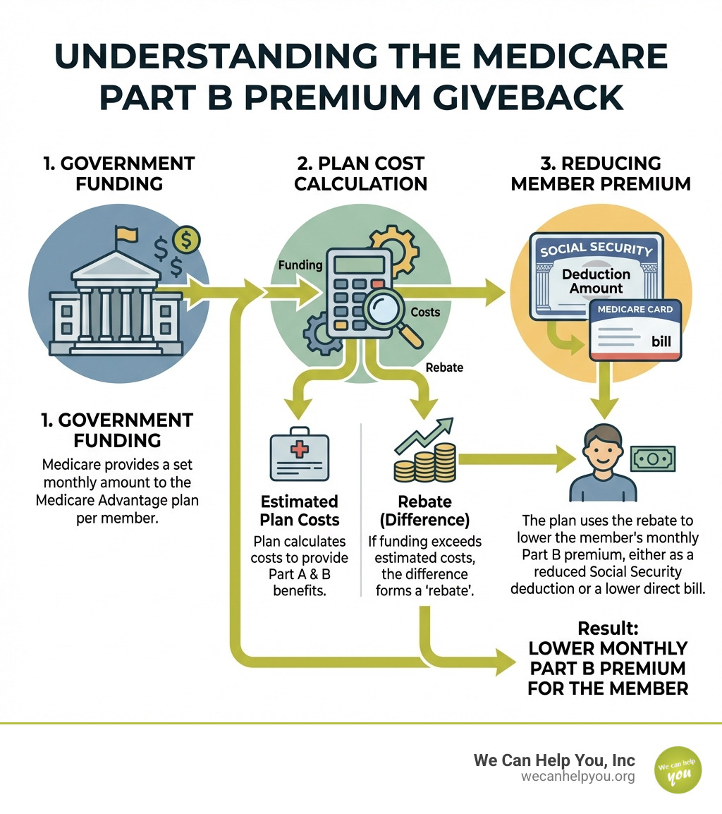 Infographic showing how Medicare Advantage plans receive government funding, calculate their costs, and use the difference (rebate) to reduce a member's Part B premium - medicare part b premium giveback infographic 