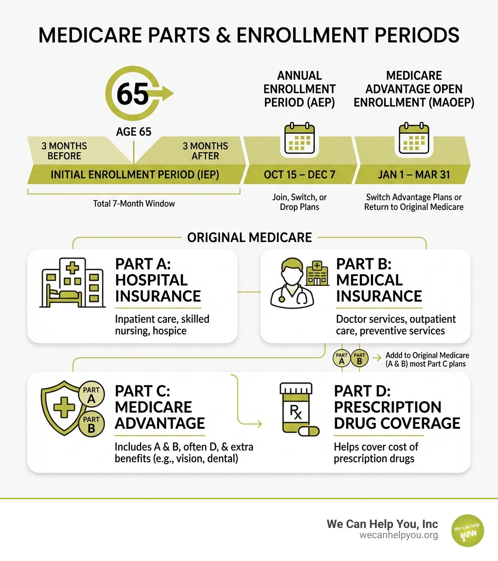 infographic showing Medicare Parts A, B, C, and D with key enrollment periods including Initial Enrollment Period starting 3 months before age 65, Annual Enrollment Period from October 15 to December 7, and Medicare Advantage Open Enrollment from January 1 to March 31 - Medicare planning assistance infographic 