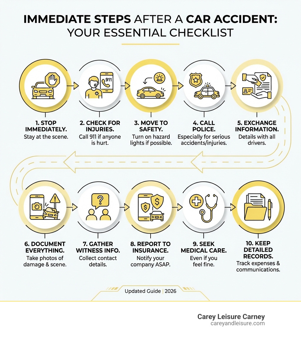 infographic showing immediate steps after a car accident: 1. Stop and stay at scene, 2. Check for injuries and call 911, 3. Move to safety and turn on hazards, 4. Call police if needed, 5. Exchange information with other drivers, 6. Take photos of damage and scene, 7. Collect witness information, 8. Report to insurance, 9. Seek medical care, 10. Keep detailed records - What to do after accident infographic infographic showing immediate steps after a car accident: 1. Stop and stay at scene, 2. Check for injuries and call 911, 3. Move to safety and turn on hazards, 4. Call police if needed, 5. Exchange information with other drivers, 6. Take photos of damage and scene, 7. Collect witness information, 8. Report to insurance, 9. Seek medical care, 10. Keep detailed records - What to do after accident infographic