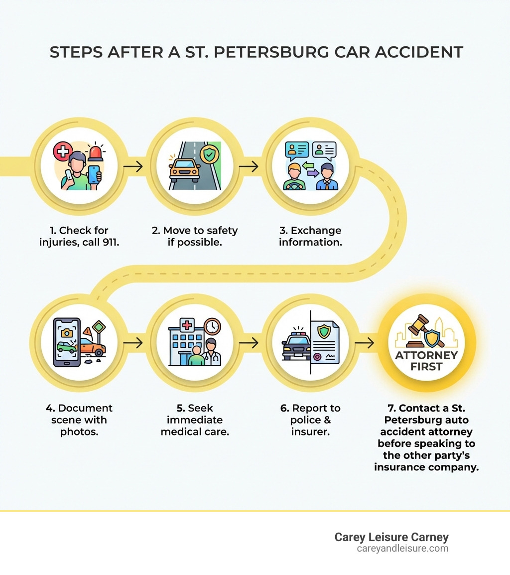 Infographic showing steps after a car accident: 1) Check for injuries and call 911, 2) Move to safety if possible, 3) Exchange information with other drivers, 4) Document the scene with photos, 5) Seek immediate medical care, 6) Report the crash to police and your insurer, 7) Contact a St. Petersburg auto accident attorney before speaking to the other party's insurance company - st petersburg auto accident attorney infographic Infographic showing steps after a car accident: 1) Check for injuries and call 911, 2) Move to safety if possible, 3) Exchange information with other drivers, 4) Document the scene with photos, 5) Seek immediate medical care, 6) Report the crash to police and your insurer, 7) Contact a St. Petersburg auto accident attorney before speaking to the other party's insurance company - st petersburg auto accident attorney infographic