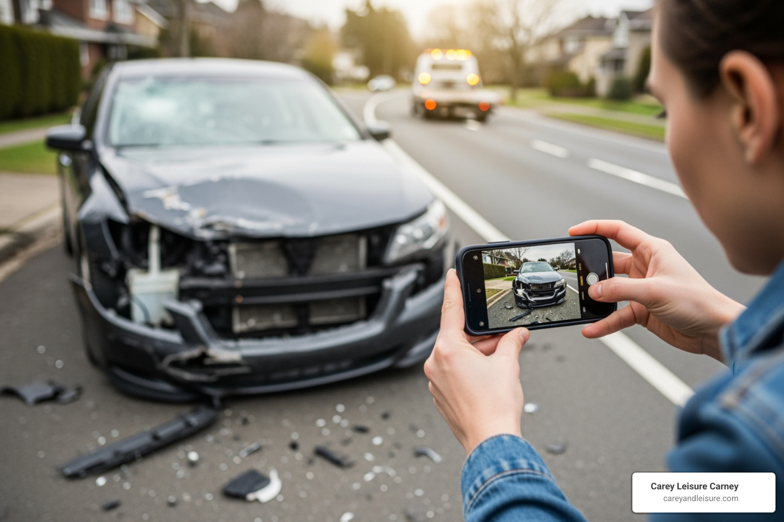 person taking photos of car damage with a smartphone - Drunk driver injury lawyer