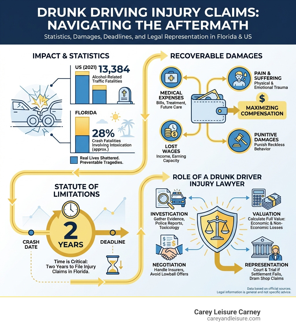 infographic showing drunk driving crash statistics in Florida and the US, types of recoverable damages including medical expenses lost wages pain and suffering and punitive damages, the two-year statute of limitations for filing injury claims, and the role of a drunk driver injury lawyer in investigating claims and maximizing compensation - Drunk driver injury lawyer infographic 
