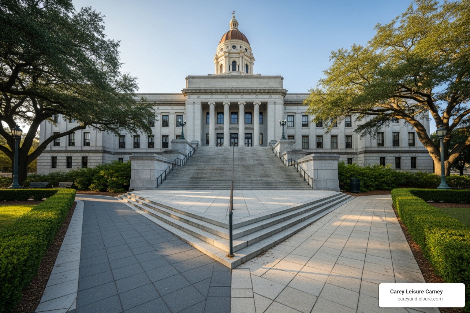 Image of courthouse steps splitting into two paths labeled "Criminal" and "Civil" - Drunk driving accident lawsuit