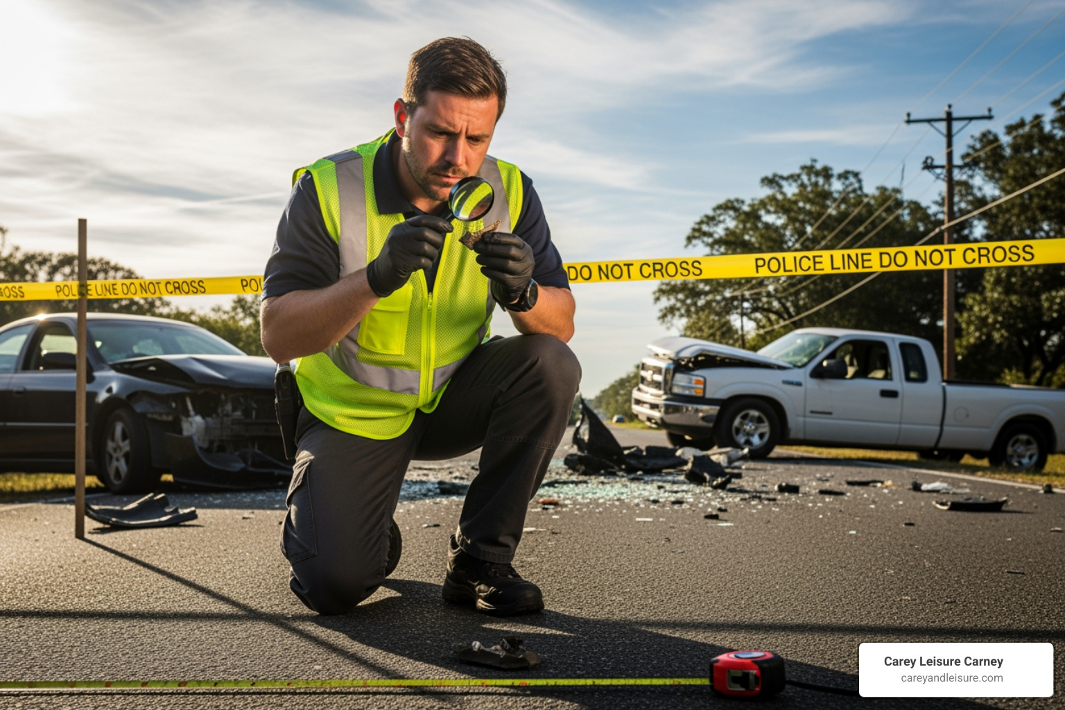 Image of an investigator examining evidence at a crash scene - Drunk driving accident lawsuit