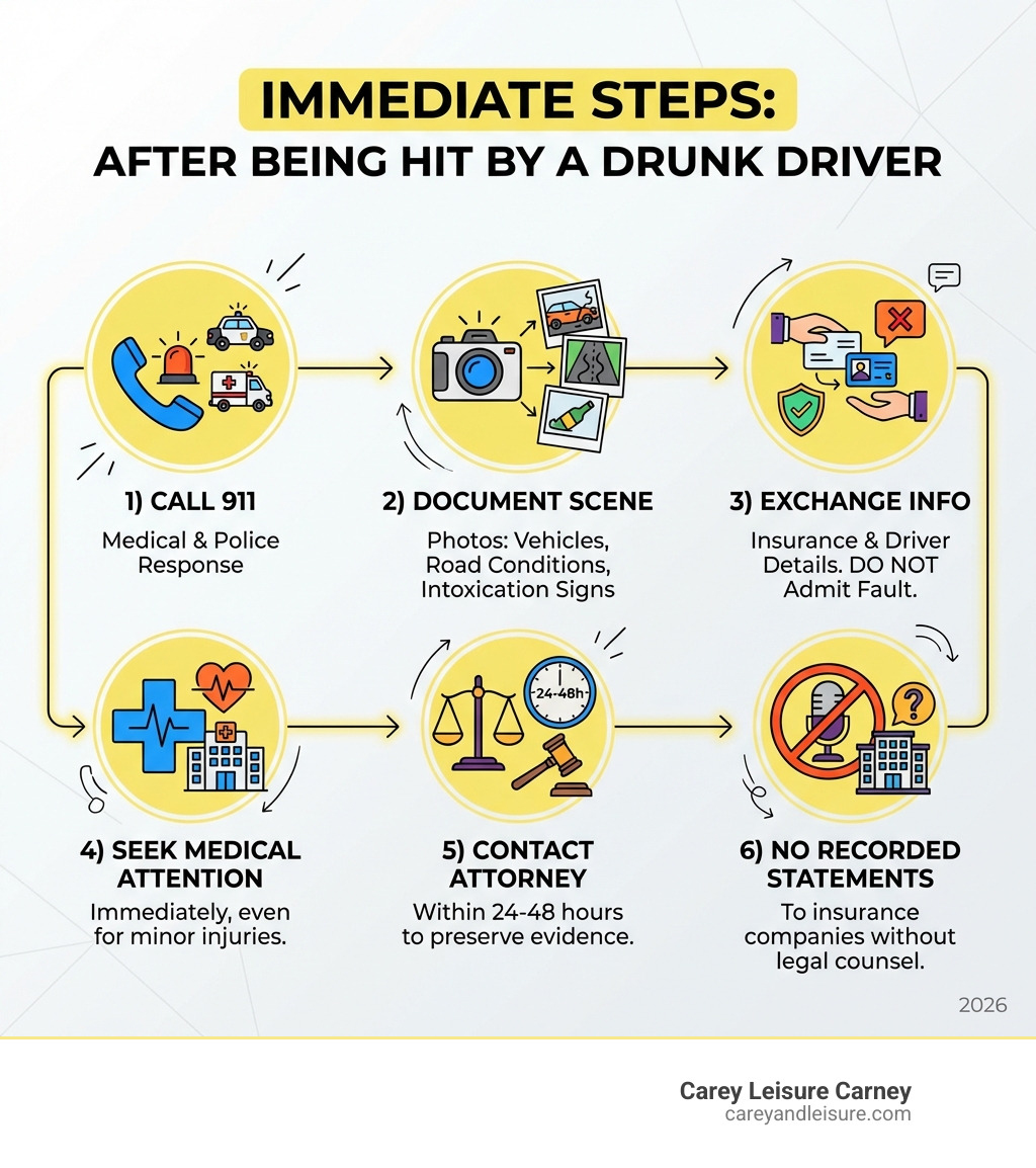 Infographic showing immediate steps after being hit by a drunk driver: 1) Call 911 for medical help and police response, 2) Document the scene with photos of vehicles, road conditions, and any visible signs of intoxication like open containers, 3) Exchange insurance and driver information but do not admit fault, 4) Seek immediate medical attention even if injuries seem minor, 5) Contact a personal injury attorney within 24-48 hours to preserve evidence and protect your rights, 6) Do not give recorded statements to insurance companies without legal counsel - Drunk driving accident lawsuit infographic 