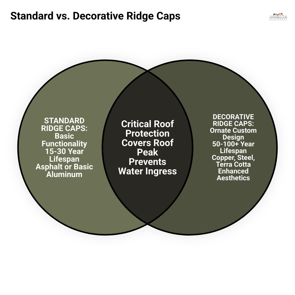 Infographic comparing standard ridge caps vs decorative ridge caps, showing a basic asphalt shingle cap on the left with simple functionality and 15-30 year lifespan, versus an ornate copper decorative ridge cap on the right with custom design, enhanced protection, 50-100+ year lifespan, and significantly improved aesthetic appeal - decorative ridge cap infographic venn_diagram