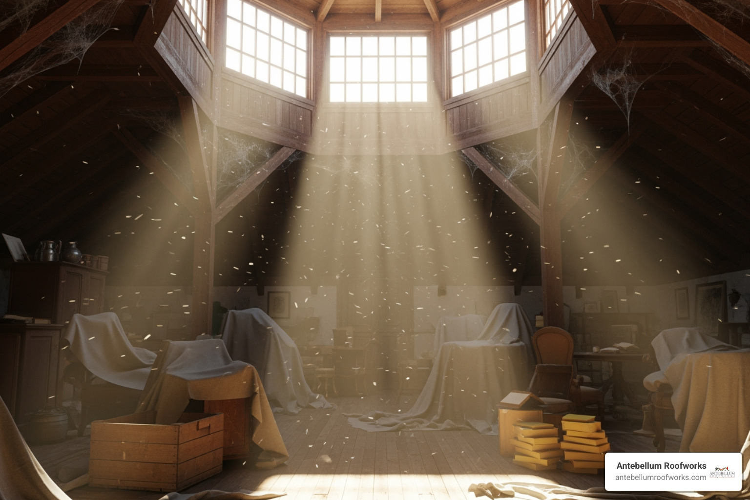 sunlight streaming through a cupola's windows into an attic space, illuminating dust motes and highlighting the airflow - roof cupola