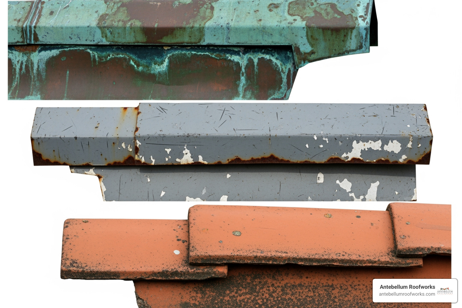 collage of various ridge cap materials like weathered copper, painted steel, and classic terra cotta - decorative ridge cap