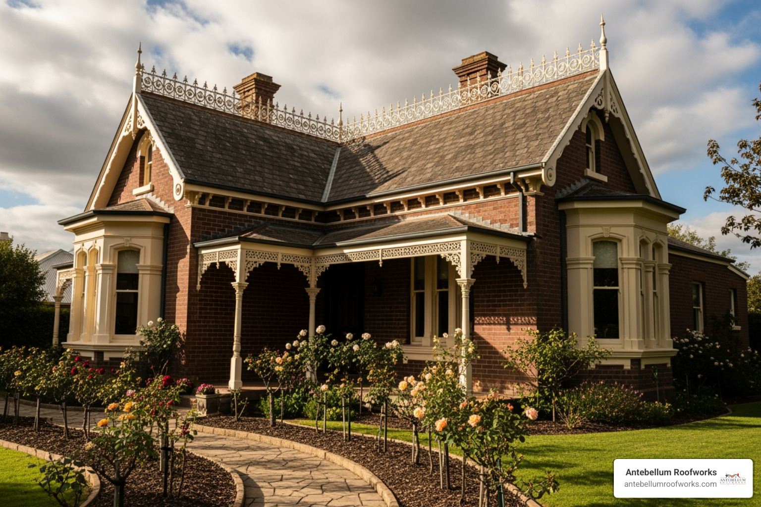 historic Victorian home with intricate iron ridge cresting - decorative ridge cap