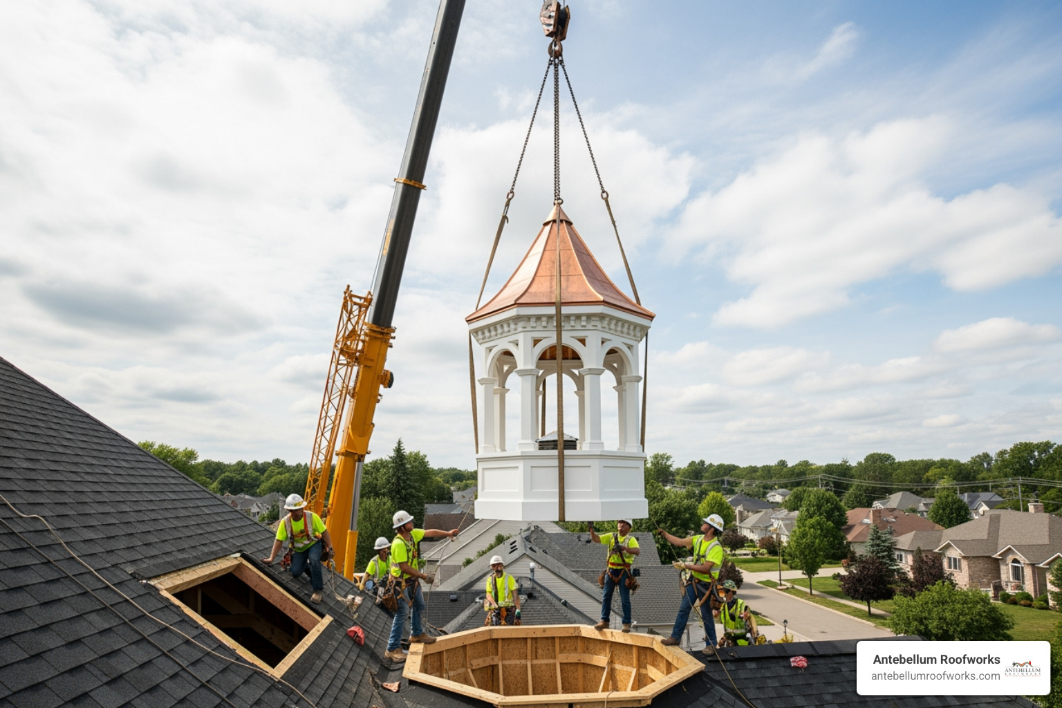 A cupola being carefully hoisted by a crane onto a prepared rooftop. - cupola installers near me