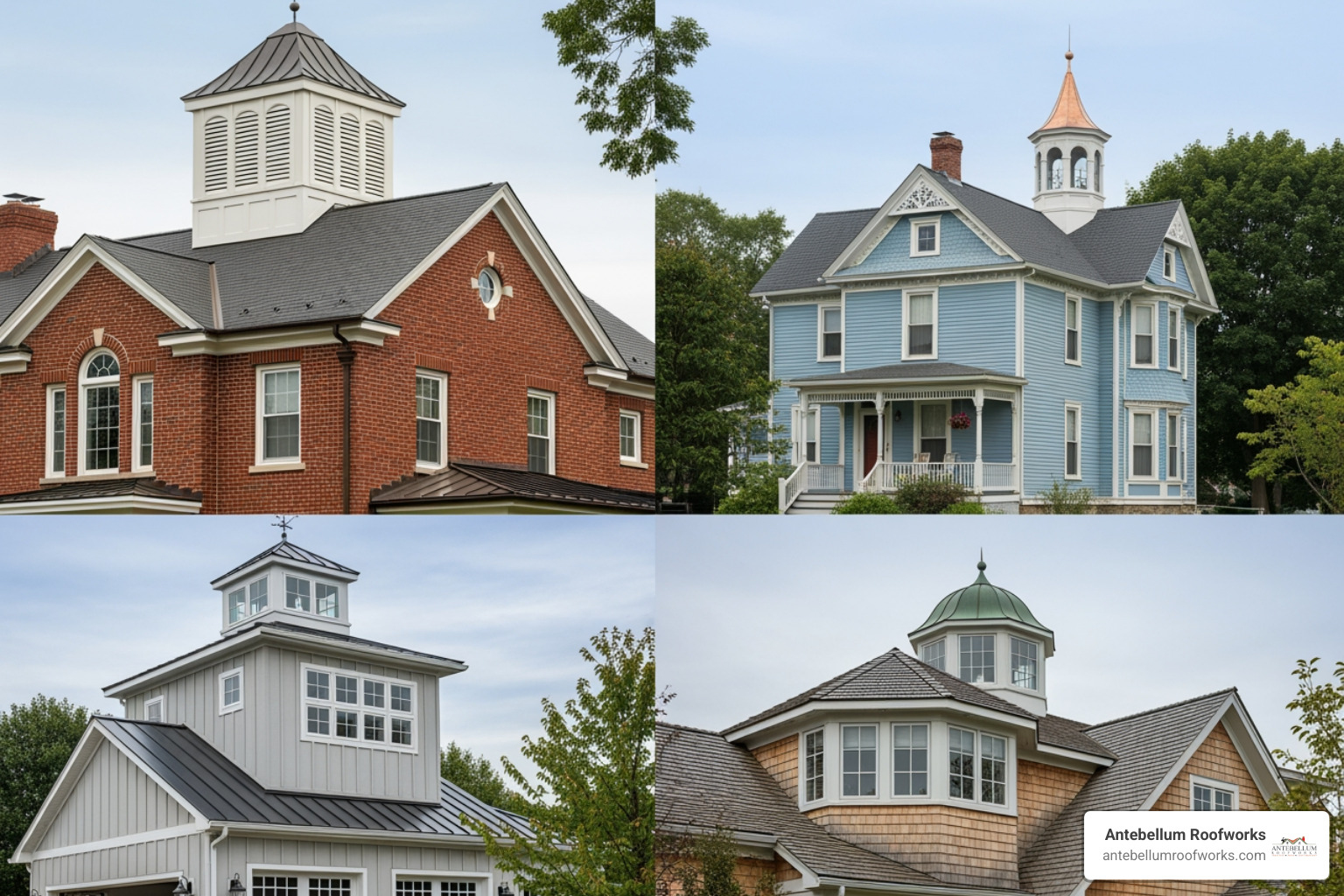 A variety of cupola styles, including louvered, windowed, and octagonal designs, on different residential roofs. - cupola installers near me