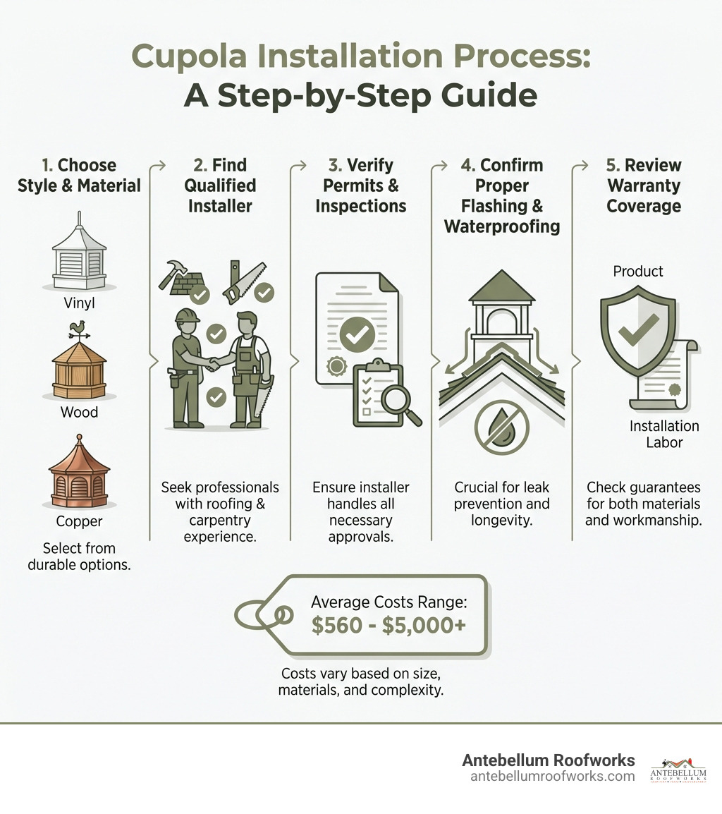 Infographic showing the cupola installation process: Step 1 - Choose your cupola style and material (vinyl, wood, or copper). Step 2 - Find a qualified installer with roofing and carpentry experience. Step 3 - Verify they handle permits and inspections. Step 4 - Confirm installation includes proper flashing and waterproofing. Step 5 - Review warranty coverage for both product and installation labor. Average costs range from $560 to $5,000+ depending on size and materials. - cupola installers near me infographic 