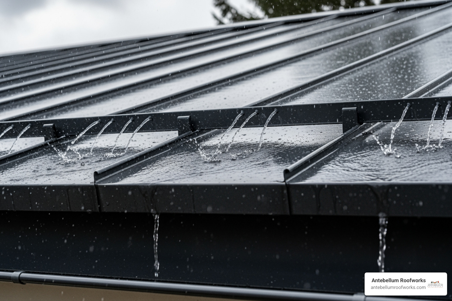 A clean, sleek metal roof after a rainstorm, showing water shedding effectively. - metal roofing parrottsville tennessee A clean, sleek metal roof after a rainstorm, showing water shedding effectively. - metal roofing parrottsville tennessee