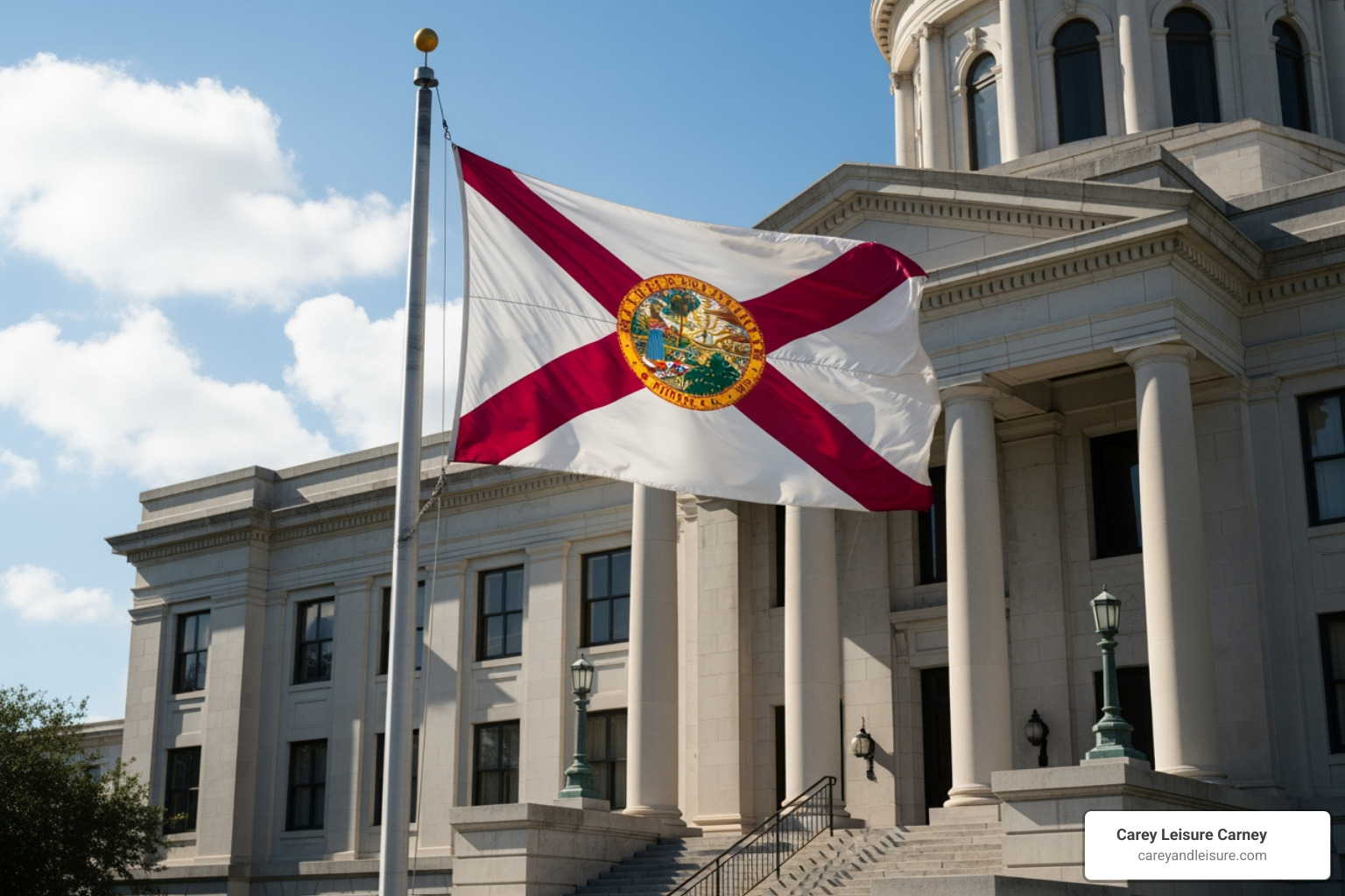 Florida state flag and courthouse - Clearwater motorcycle accident lawyer