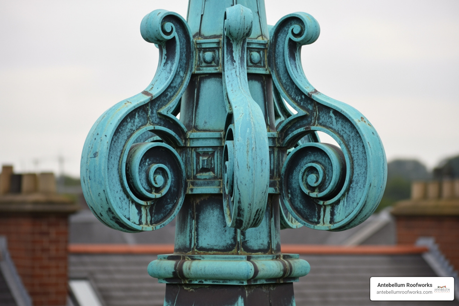 Copper finial showing verdigris patina - decorative roof finials
